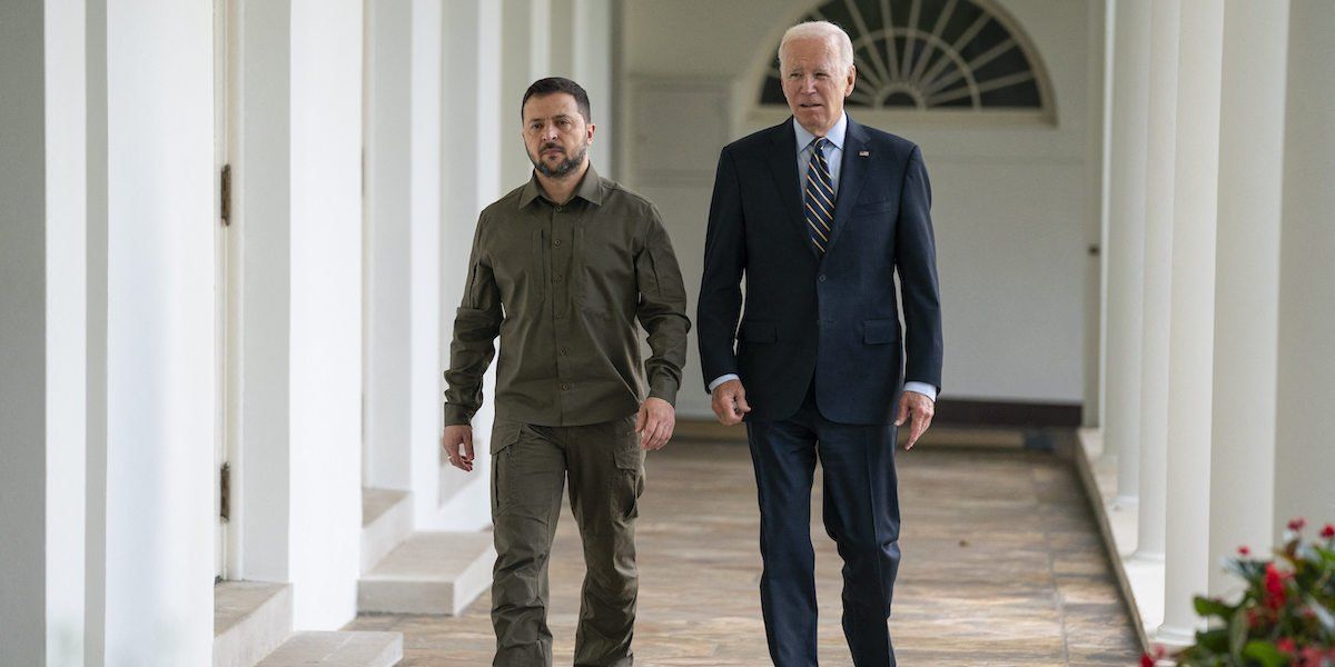 President Joe Biden and Ukrainian President Volodymyr Zelensky walk to the Oval Office of the White House, Thursday, September 21, 2023, in Washington, DC, USA.