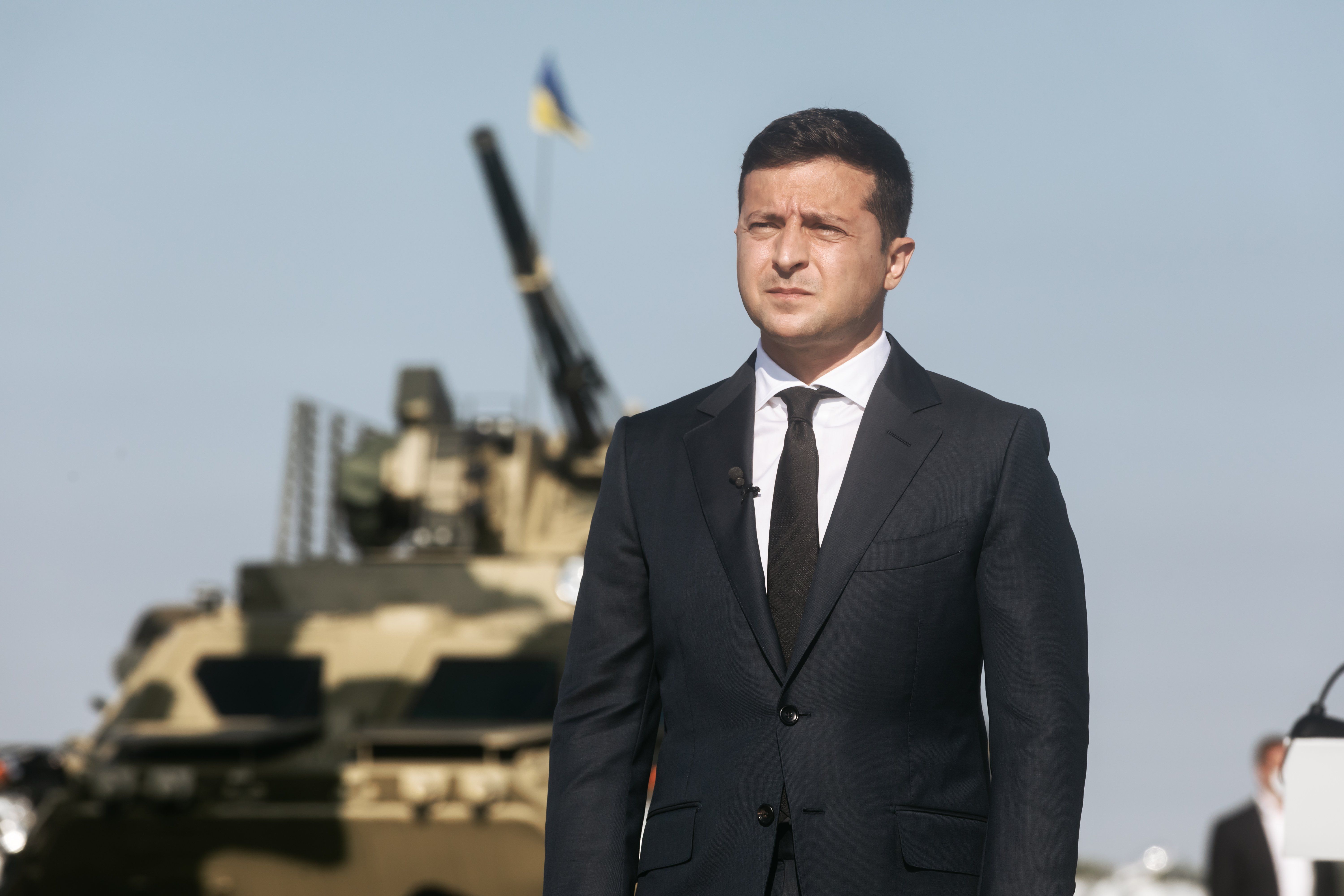 President of Ukraine Volodymyr Zelensky seen during the ceremony of raising the State Flag of Ukraine at the military airfield in Vasylkiv, Kyiv region. 