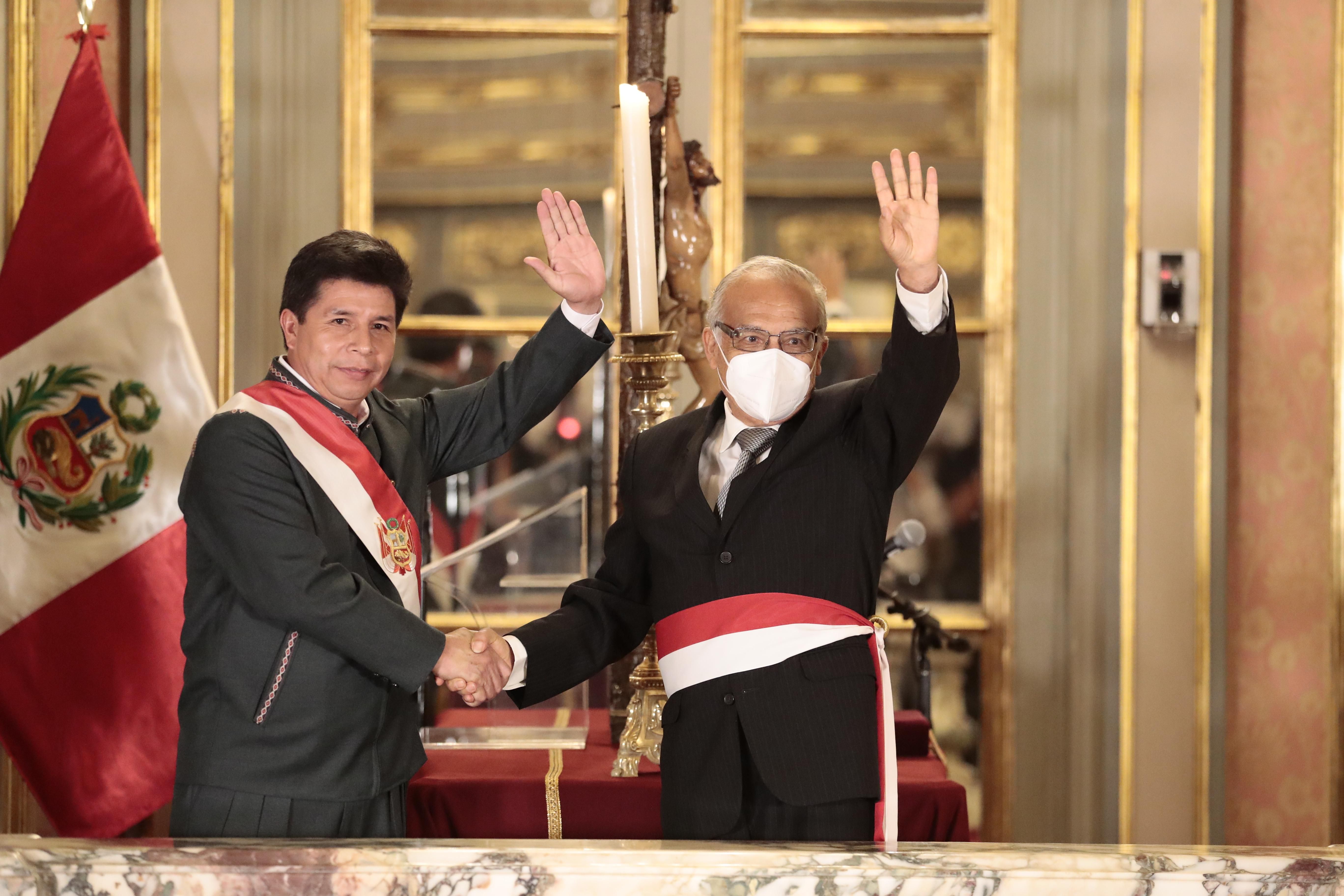 President Pedro Castillo during the appointment of the new Prime Minister, Aníbal Torres.