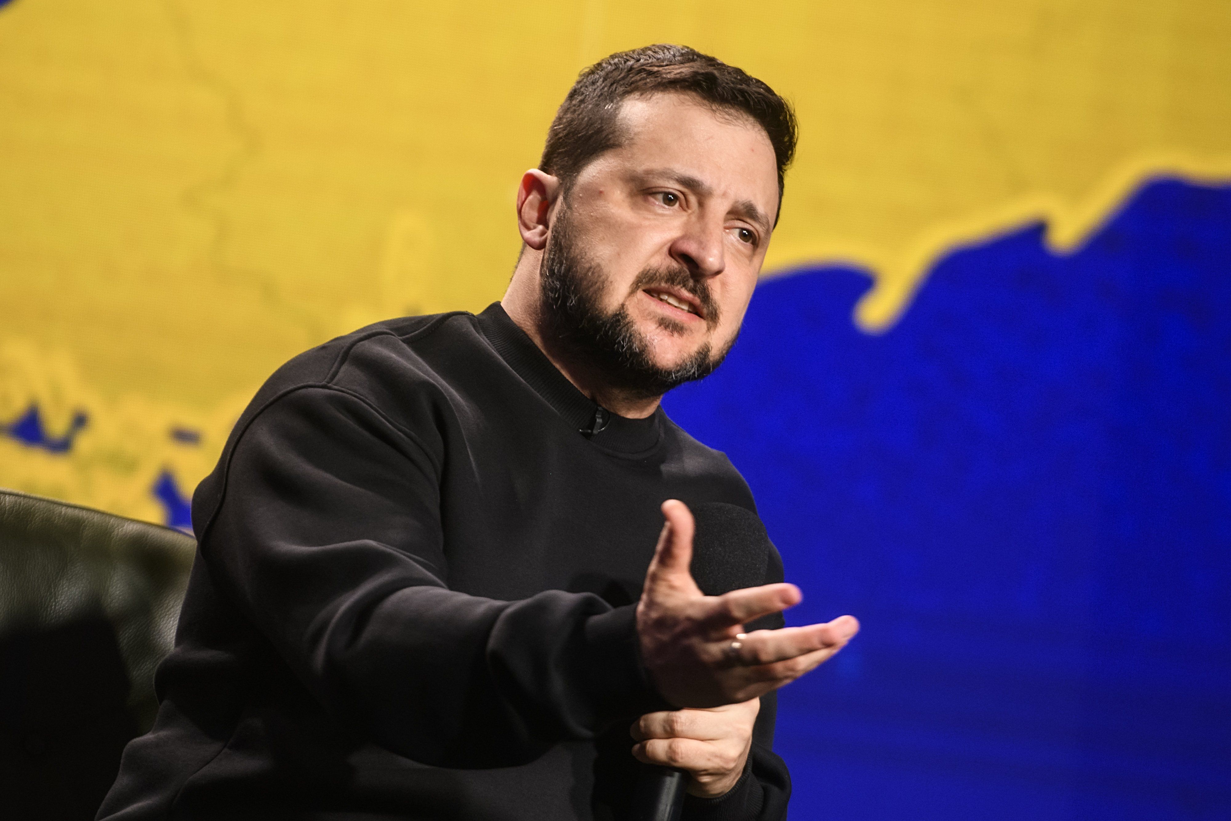 ​President Volodymyr Zelenskiy of Ukraine is answering questions from journalists during a large summary press conference in Kyiv, Ukraine, on December 19, 2023. 