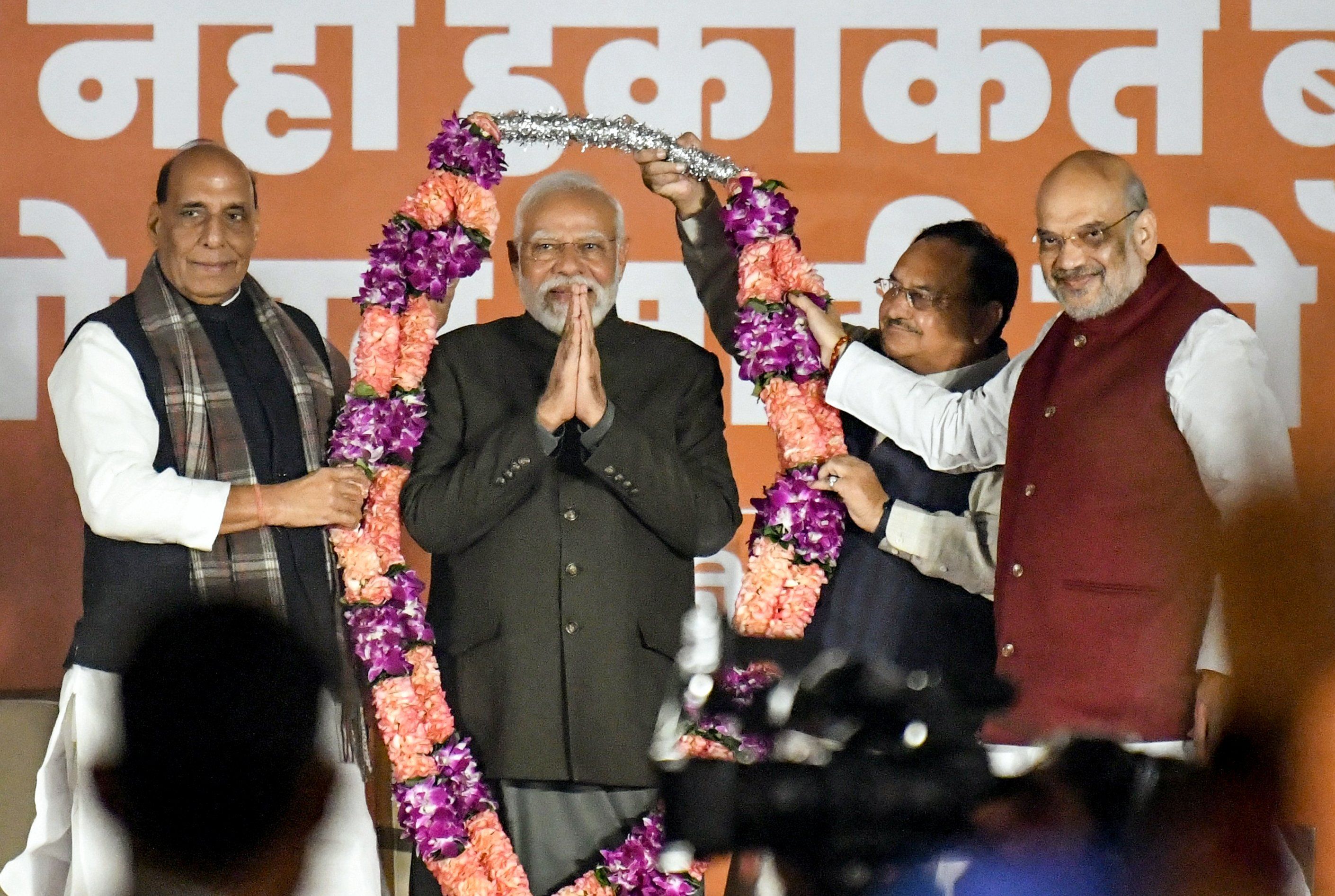 Prime Minister Narendra Modi being garlanded