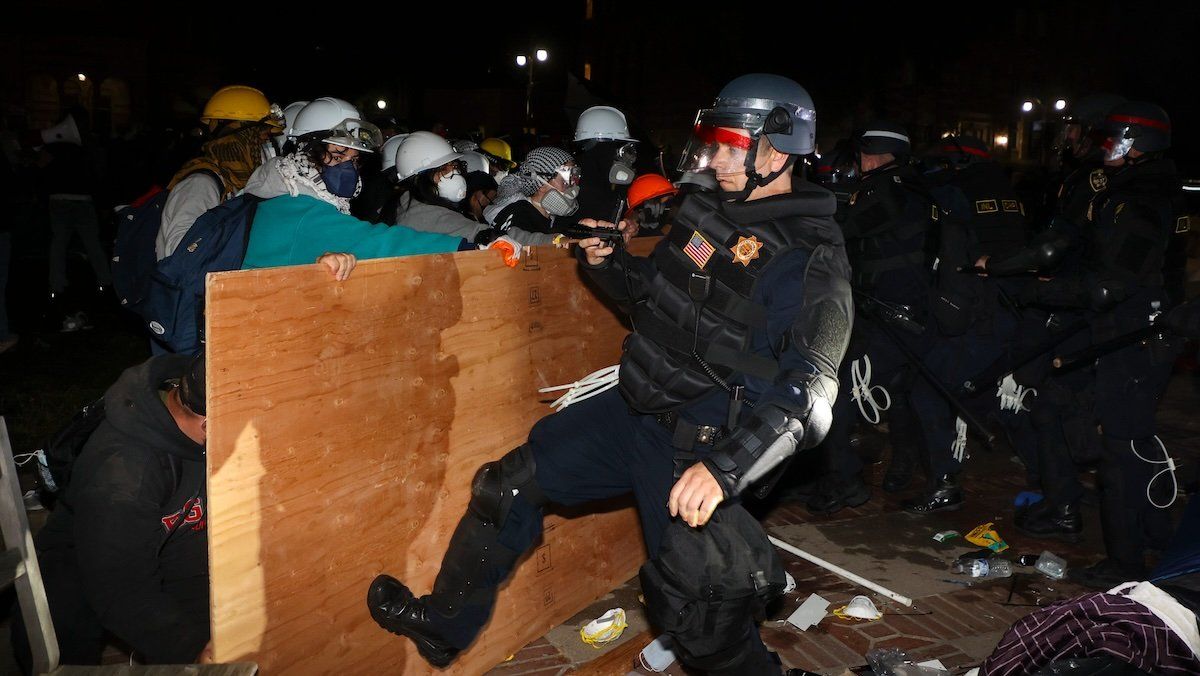 Pro-Palestinian protesters clash with law enforcement as officials clear demonstrator encampments on UCLA's campus on May 2, 2024 in Los Angeles, CA.