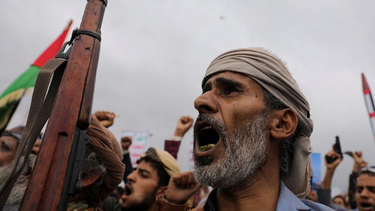 ​Protesters, mainly Houthi supporters, rally to show support to Palestinians in the Gaza Strip, in Sanaa, Yemen April 26, 2024. 