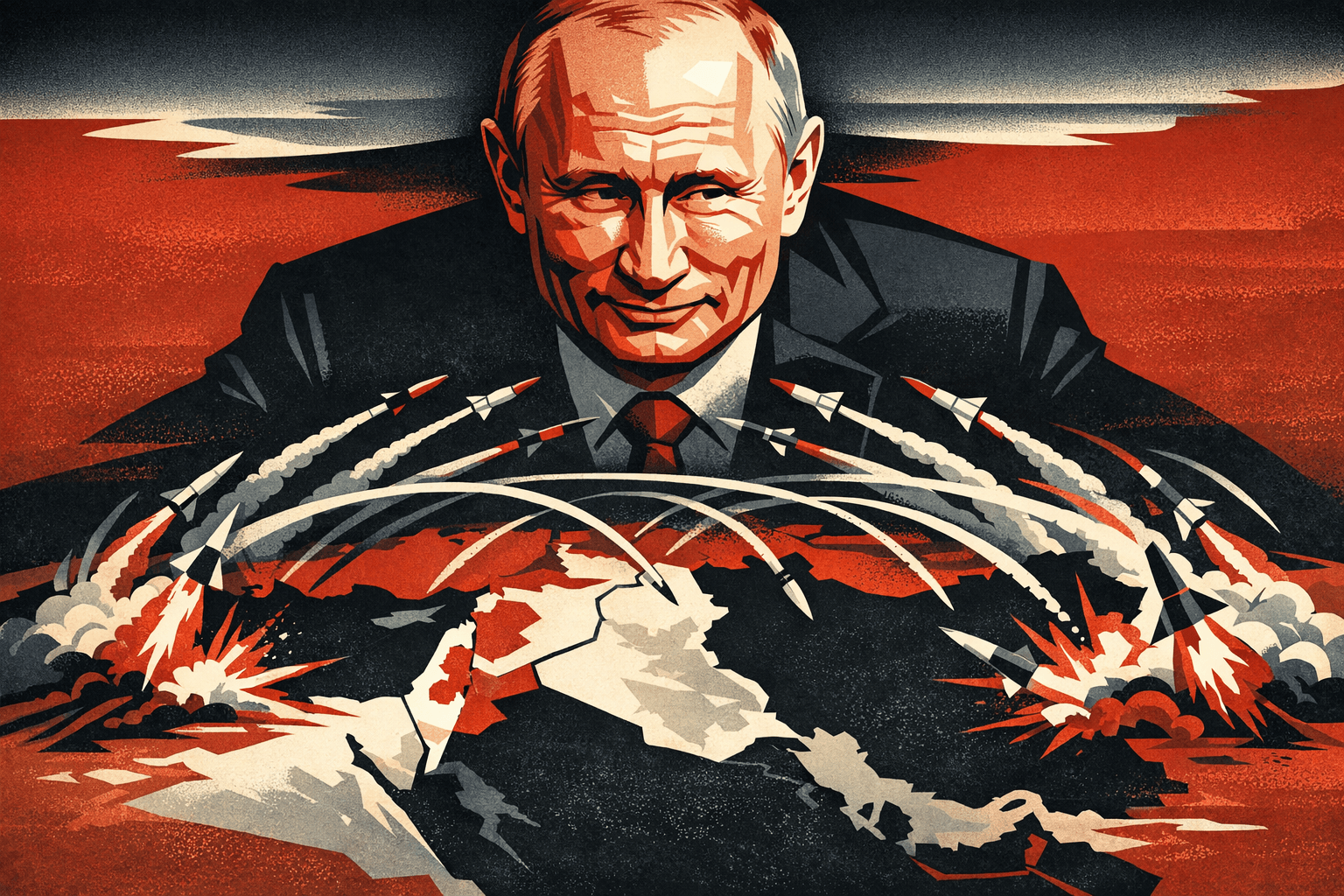 Putin looks on over missiles flying between Israel and Iran.