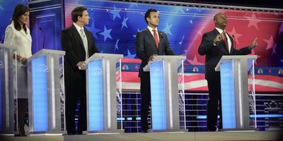 Republican candidates line the Miami stage for Wednesday's GOP debate.
