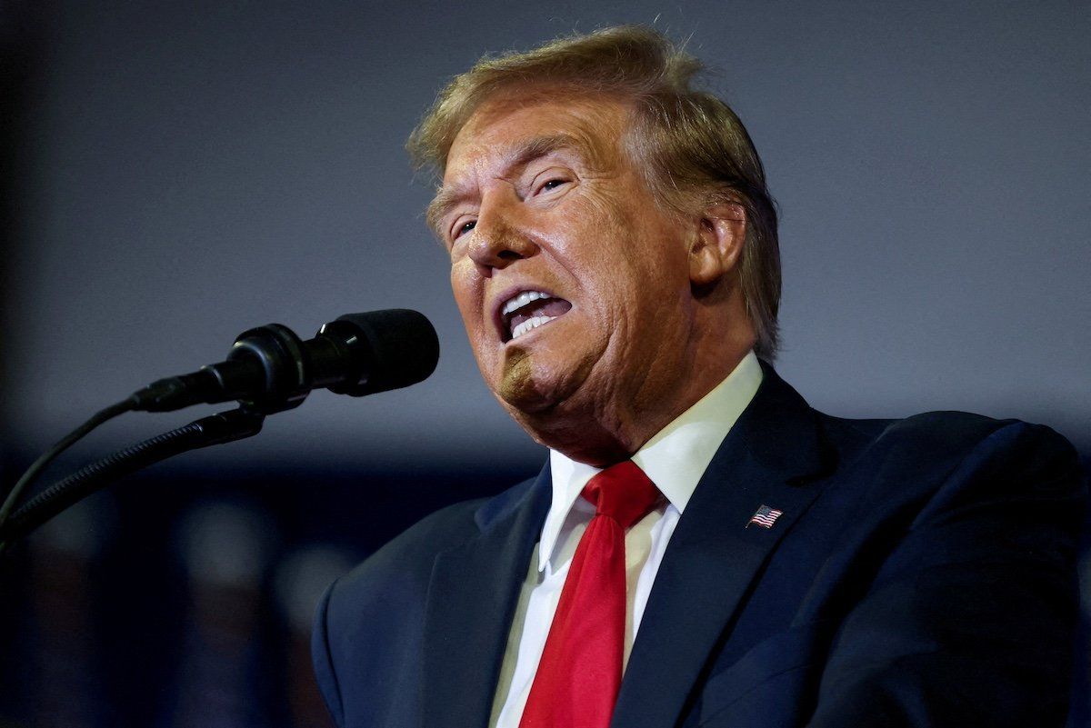 Republican presidential candidate and former President Donald Trump speaks at a campaign rally at Coastal Carolina University before the South Carolina Republican primary in Conway, South Carolina, on Feb. 10, 2024. 