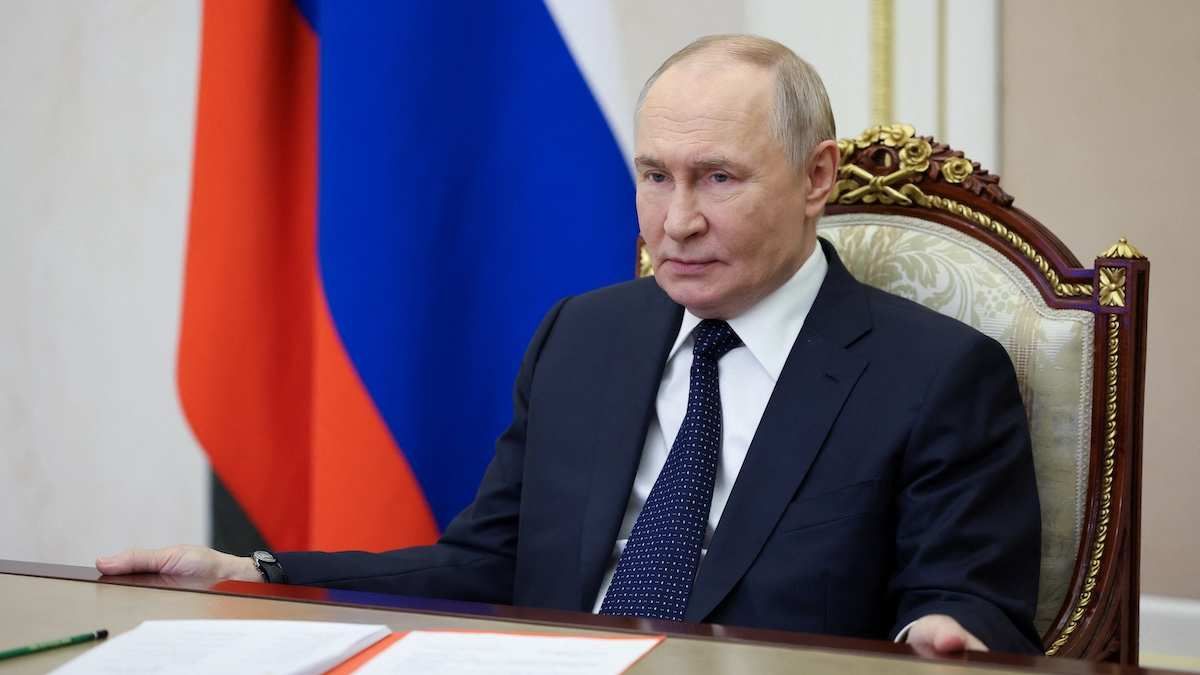 Russian President Vladimir Putin chairs a Security Council meeting via video link at the Kremlin in Moscow, Russia, on October 24, 2025.