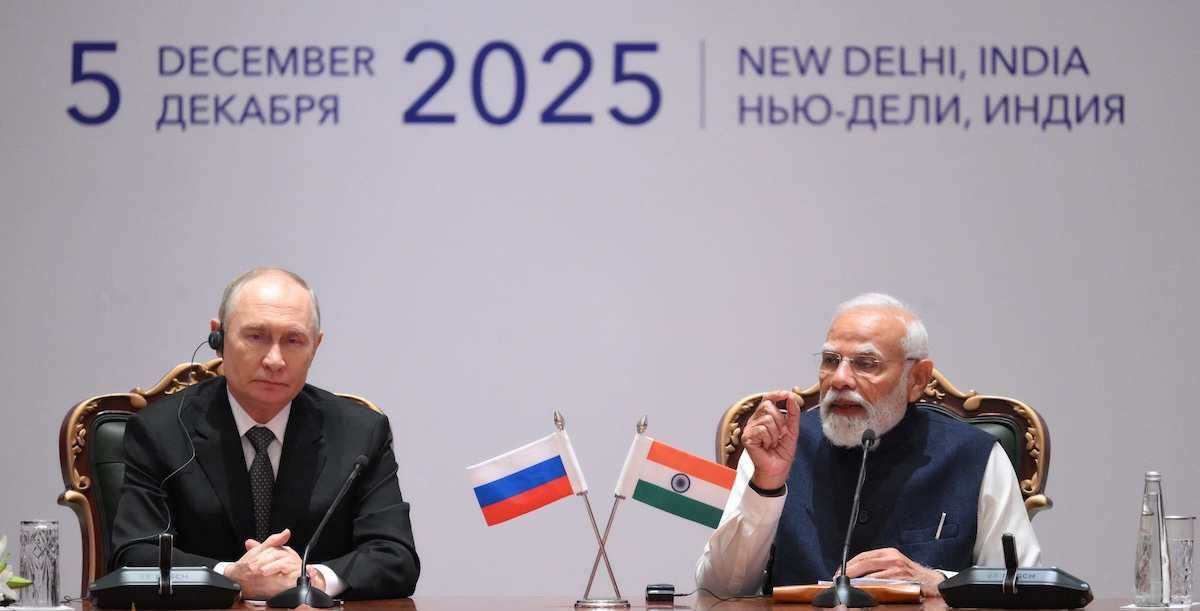 Russia's President Vladimir Putin and India's Prime Minister Narendra Modi attend the India-Russia Business Forum in New Delhi, India, December 5, 2025. 