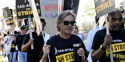 SAG-AFTRA actor union members demonstrate outside Netflix studios, in Los Angeles, on Oct. 24, 2023.