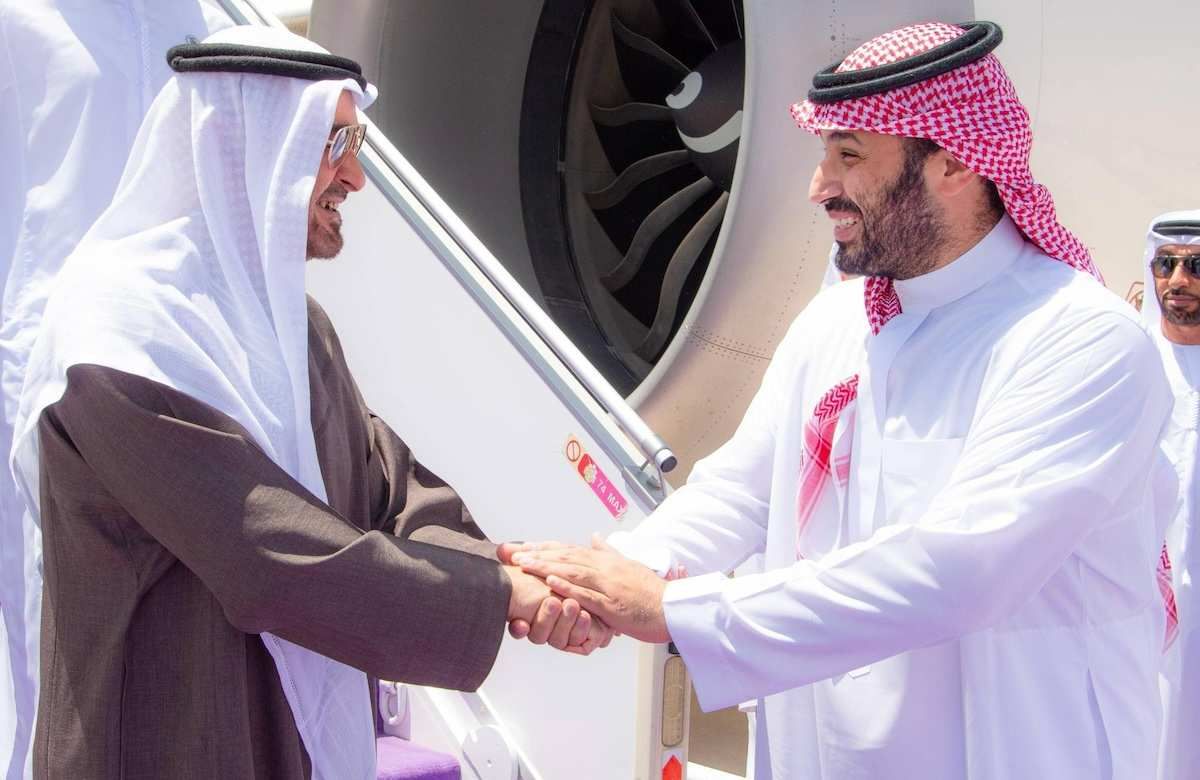Saudi Arabia's Prince MBS shaking hands with UAE's President Mohammed bin Zayed Al Nahyan