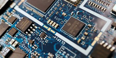 Semiconductor chips on a circuit board.