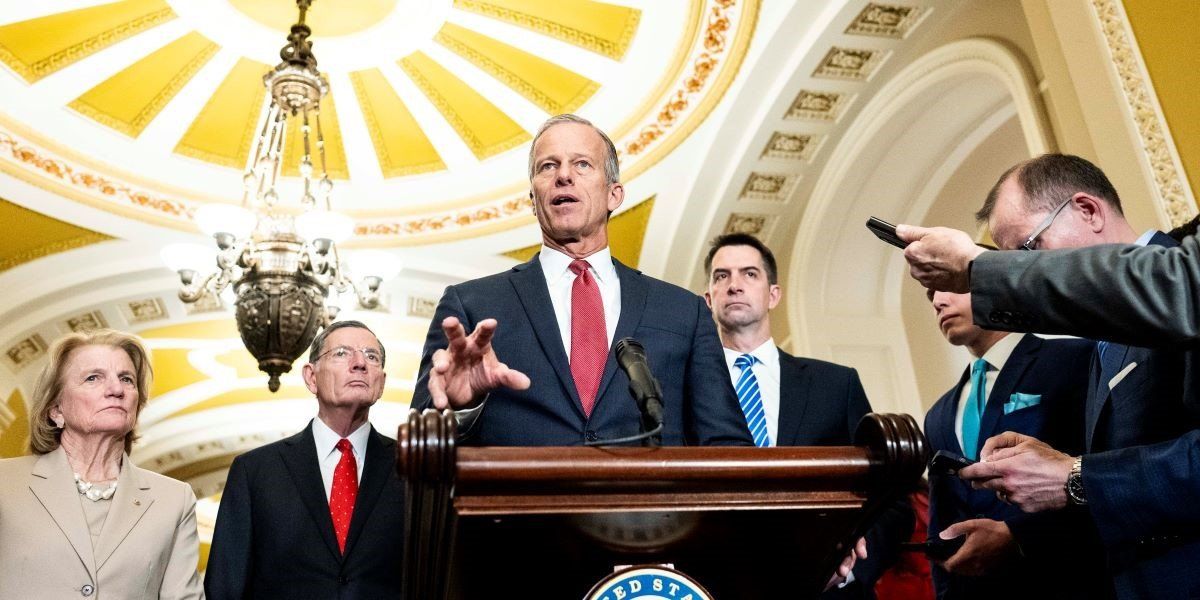 ​Senate Majority Leader John Thune speaking at a press conference at the US Capitol in Washington, D.C.