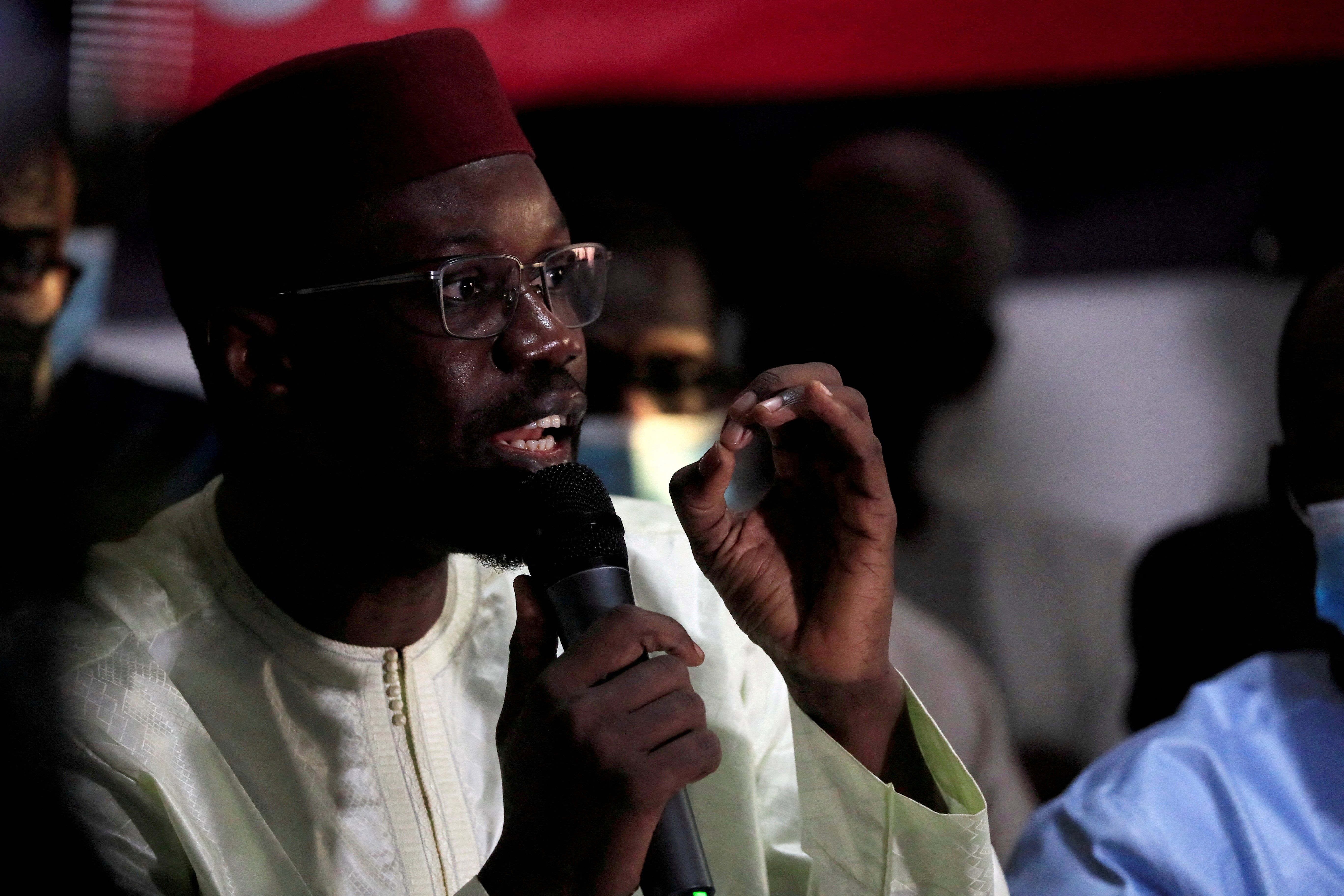 Senegalese opposition leader Ousmane Sonko speaks during a news conference in Dakar.