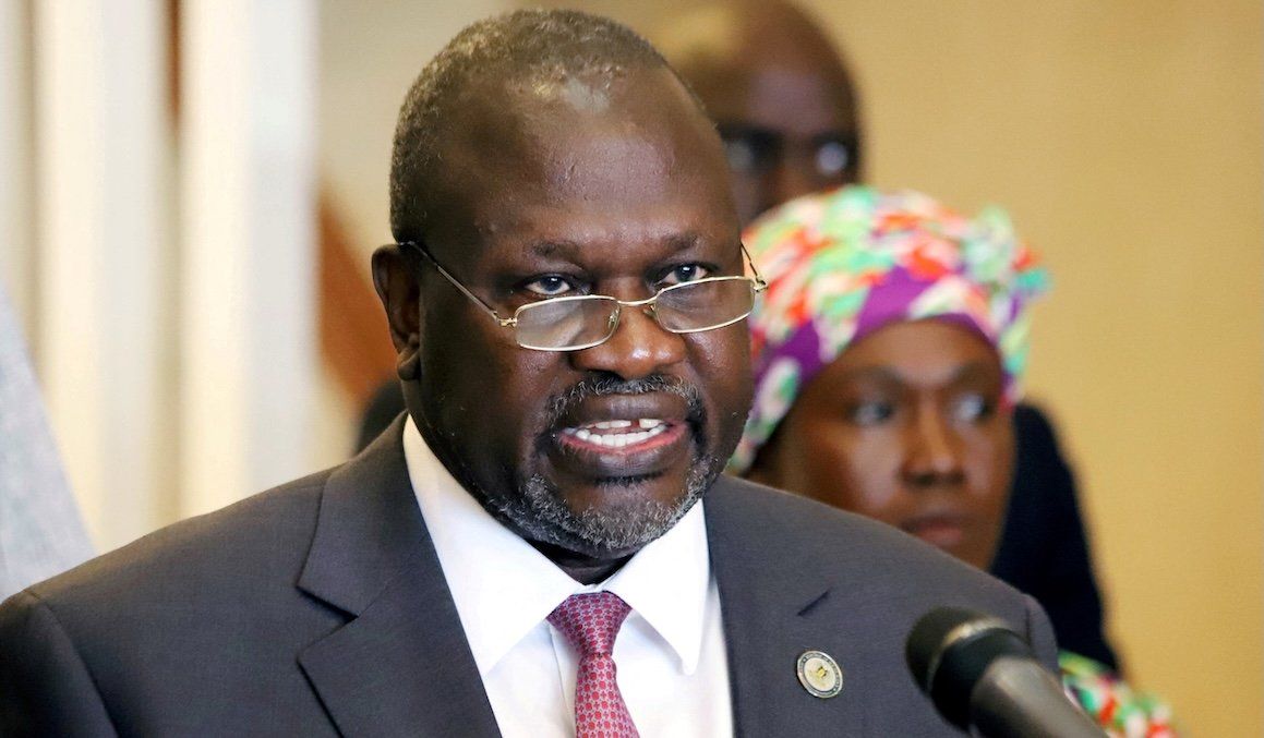 South Sudan's Vice President Riek Machar, pictured here addressing the press in 2020. 