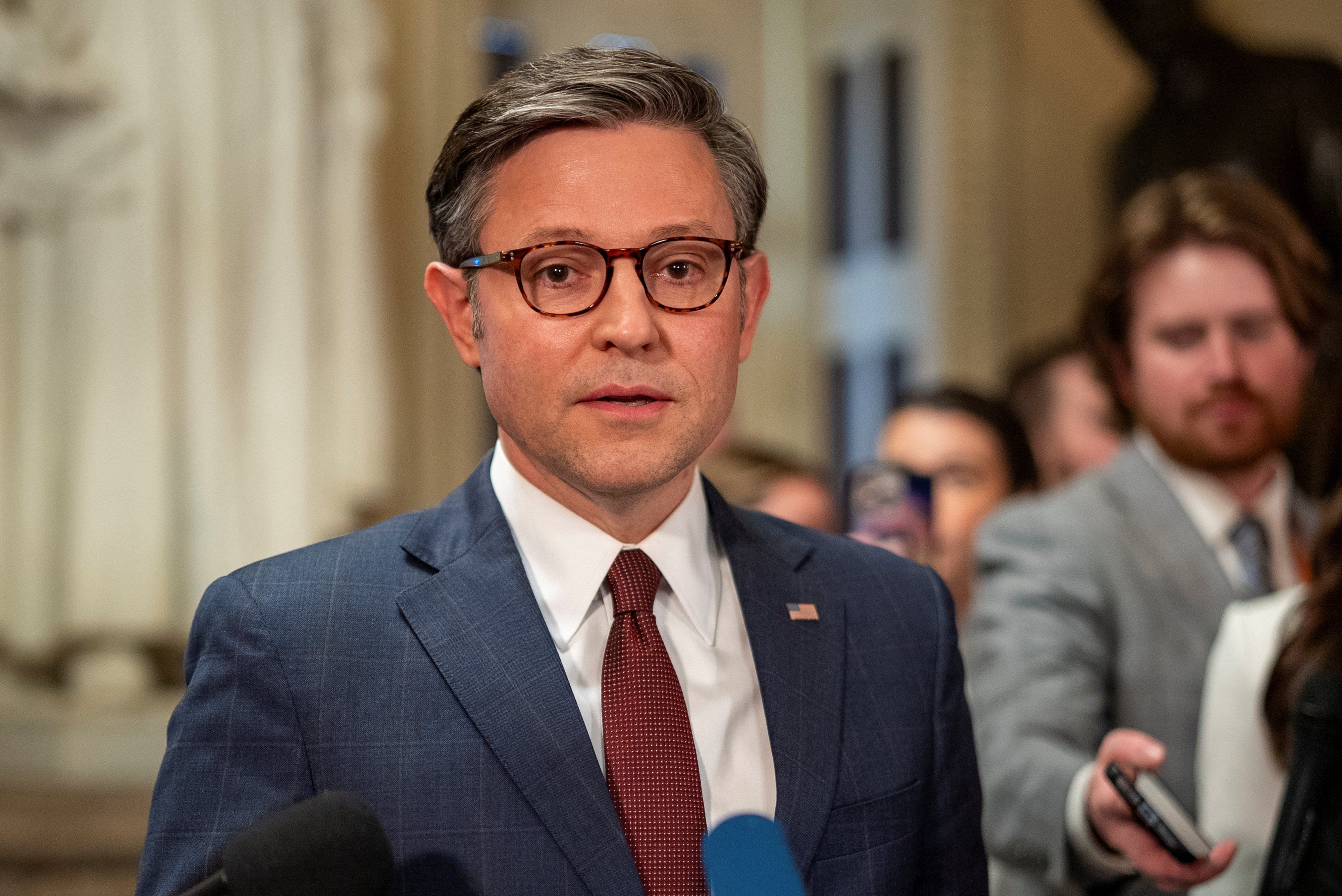 ​Speaker of the U.S. House of Representatives Mike Johnson (R-LA) speaks to members of the media on the day the House approved legislation providing $95 billion in security assistance to Ukraine, Israel and Taiwan, at Capitol Hill in Washington, U.S., April 20, 2024. 