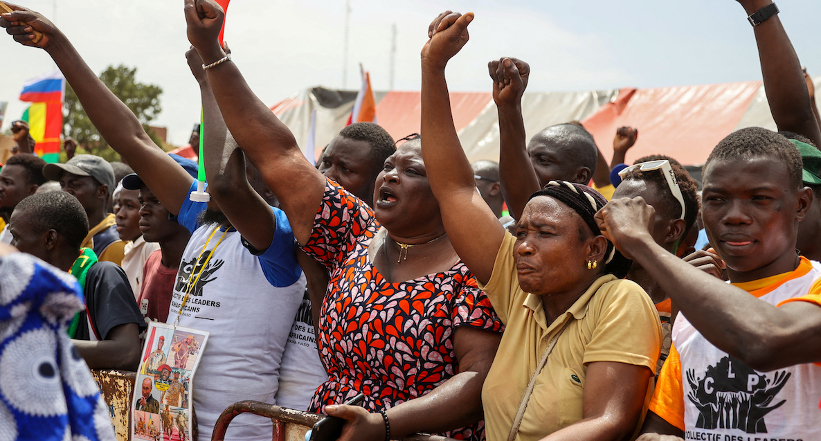 Supporters of Burkina Faso's junta attend a rally to mark the one-year anniversary of the coup that brought Captain Ibrahim Traore to power in Ouagadougou, Burkina Faso, on Sept. 29, 2023.