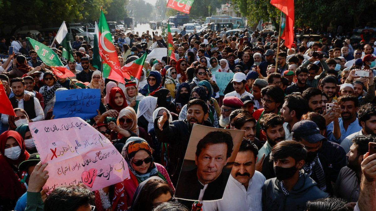 Supporters of former Prime Minister Imran Khan's party gather during a protest demanding free and fair results of the elections in Karachi, Pakistan February 11, 2024.