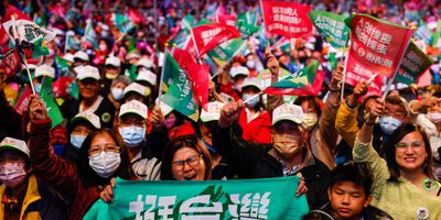 Supporters of Lai Ching-te, Taiwan's vice president and the ruling Democratic Progressive Party's presidential candidate attend, a campaign event in New Taipei City, Taiwan, on Jan. 6, 2024.