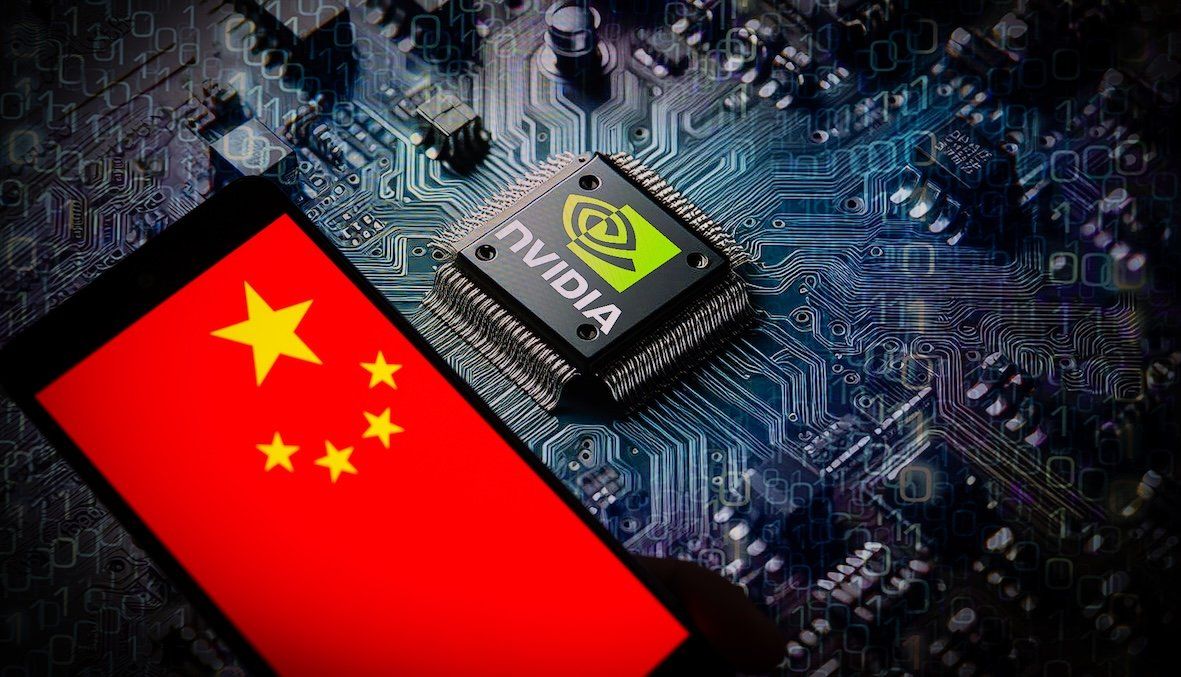 The flag of China is displayed on a smartphone with a NVIDIA chip in the background in this photo illustration.