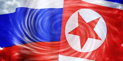 The flags of Russia and North Korea.