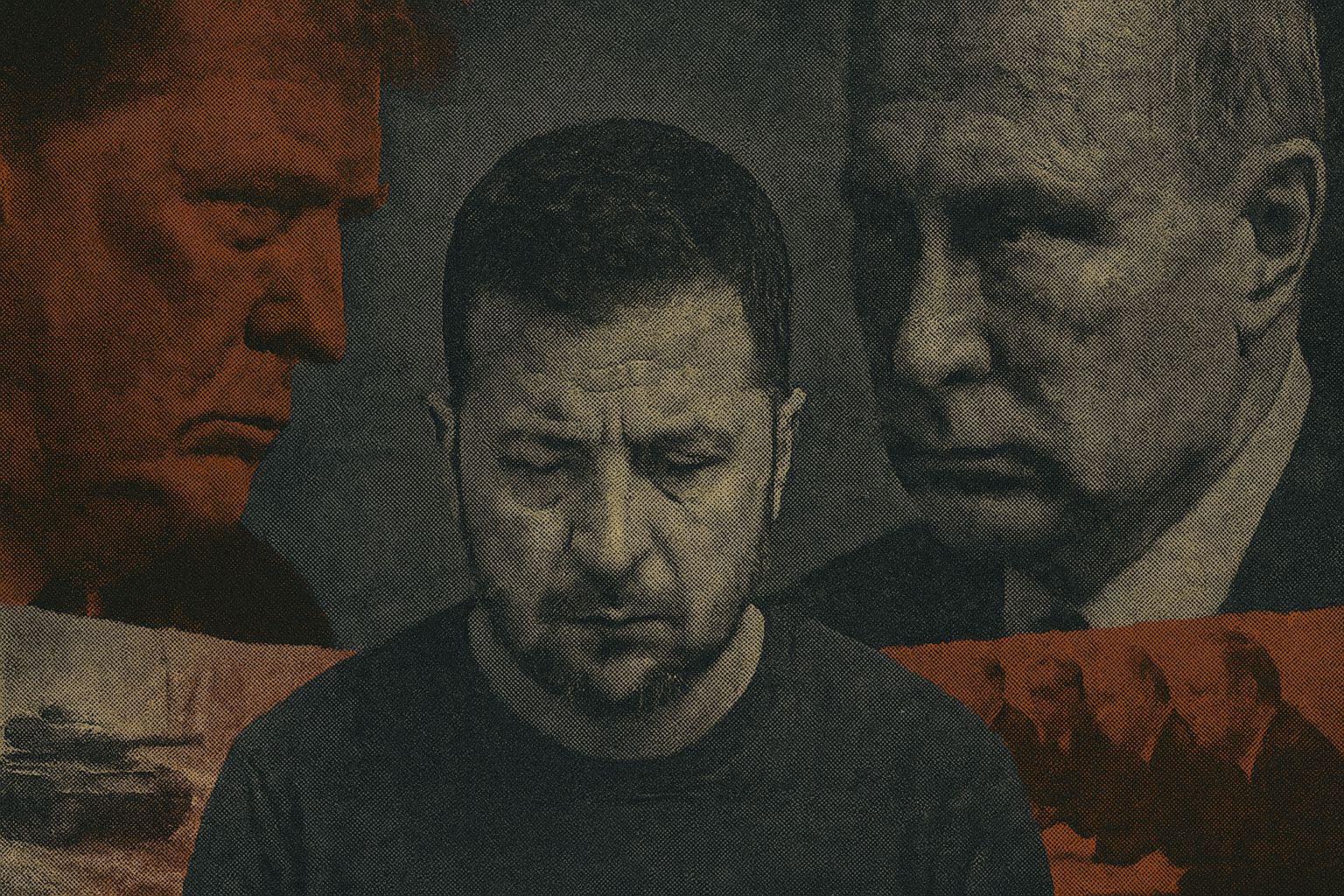 Trump, Putin, and Zelensky surrounded by tanks and negotiators. 