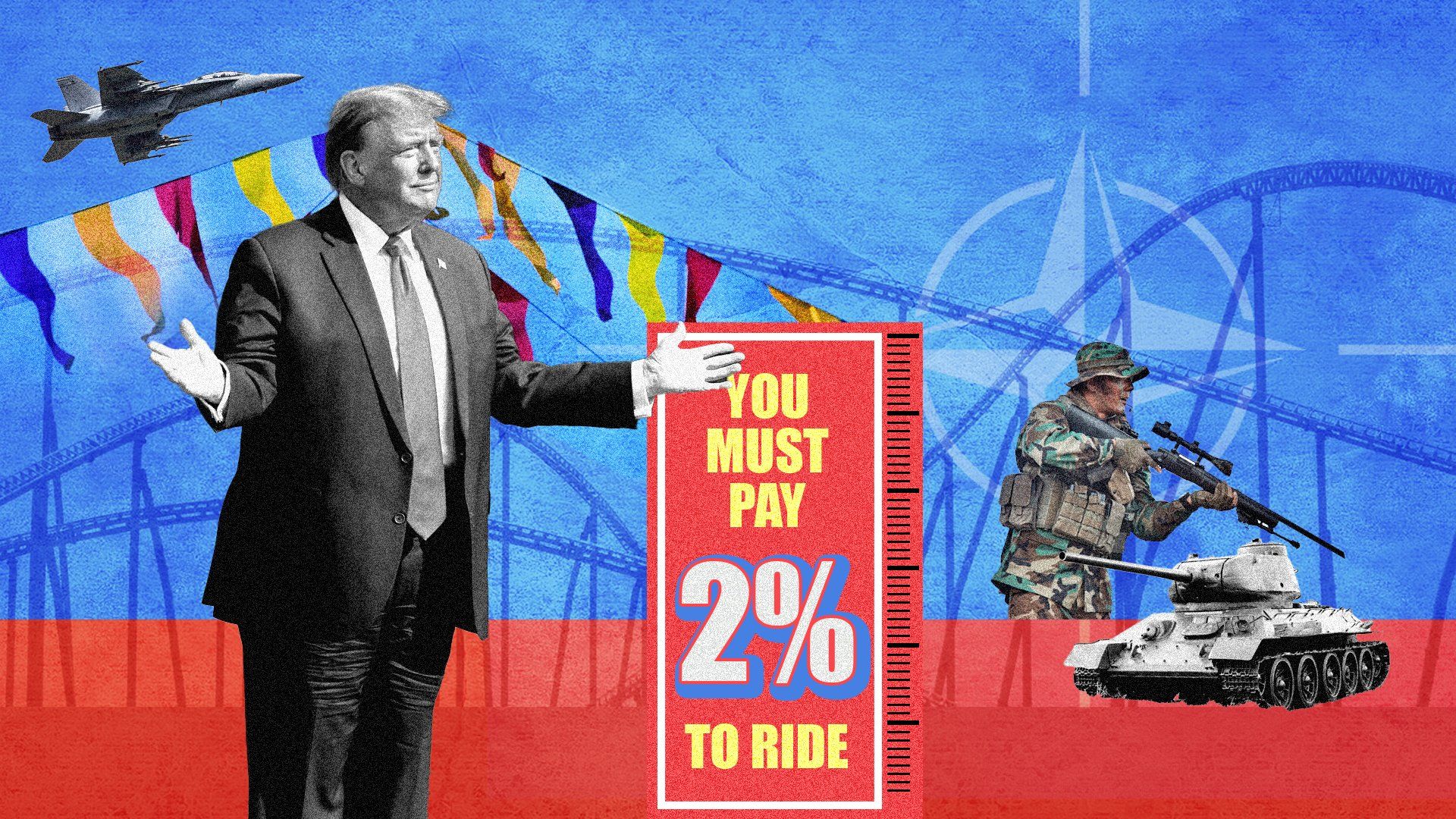 ​Trump standing in front of a sign and a rollercoaster surrounded my military personnel and supplies.