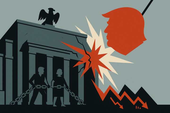 ​Trump's silhouette as a wrecking ball banging into the Federal Reserve.