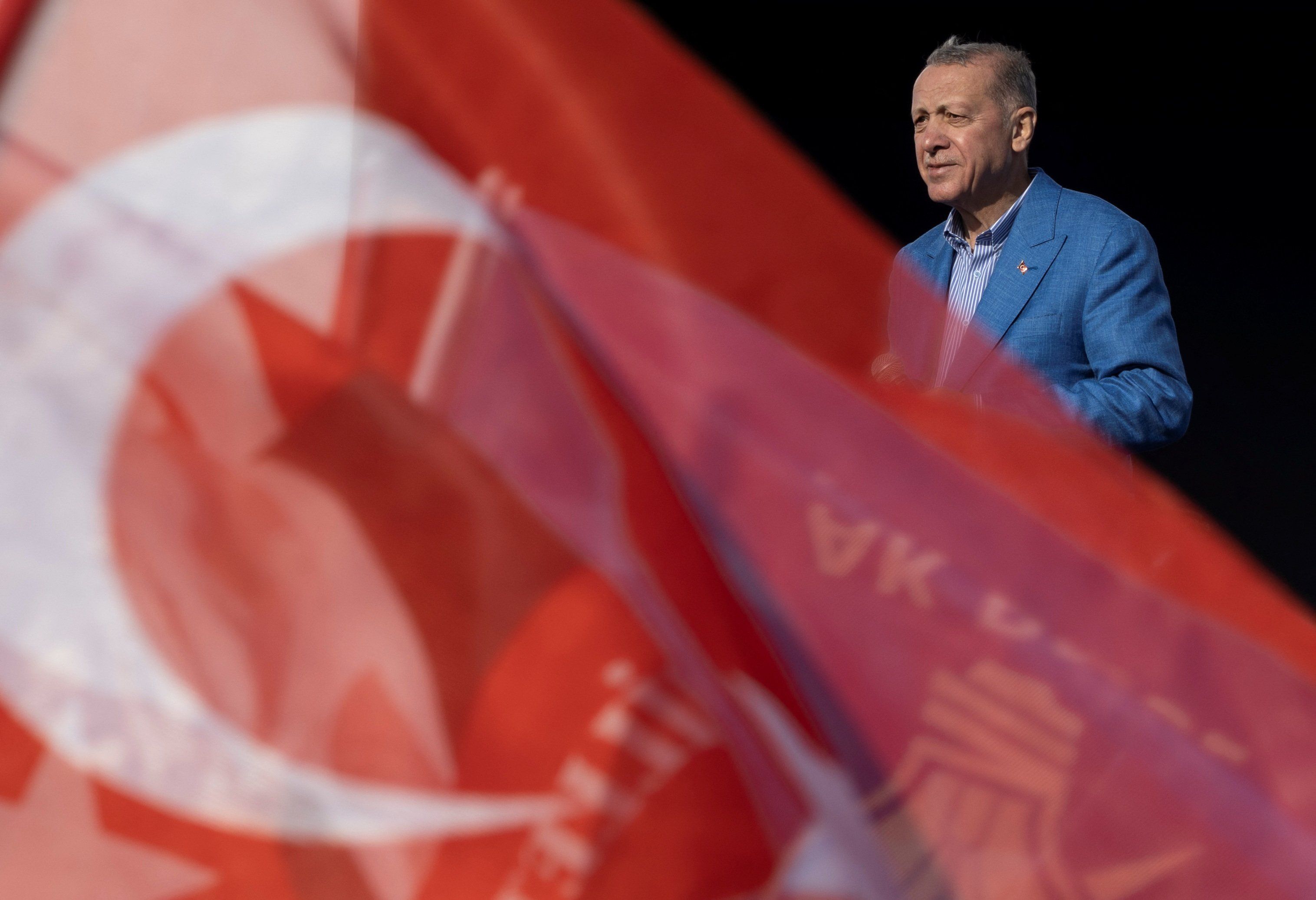 Turkish President Tayyip Erdogan addresses his supporters during a rally ahead of the May 14 election in Istanbul.