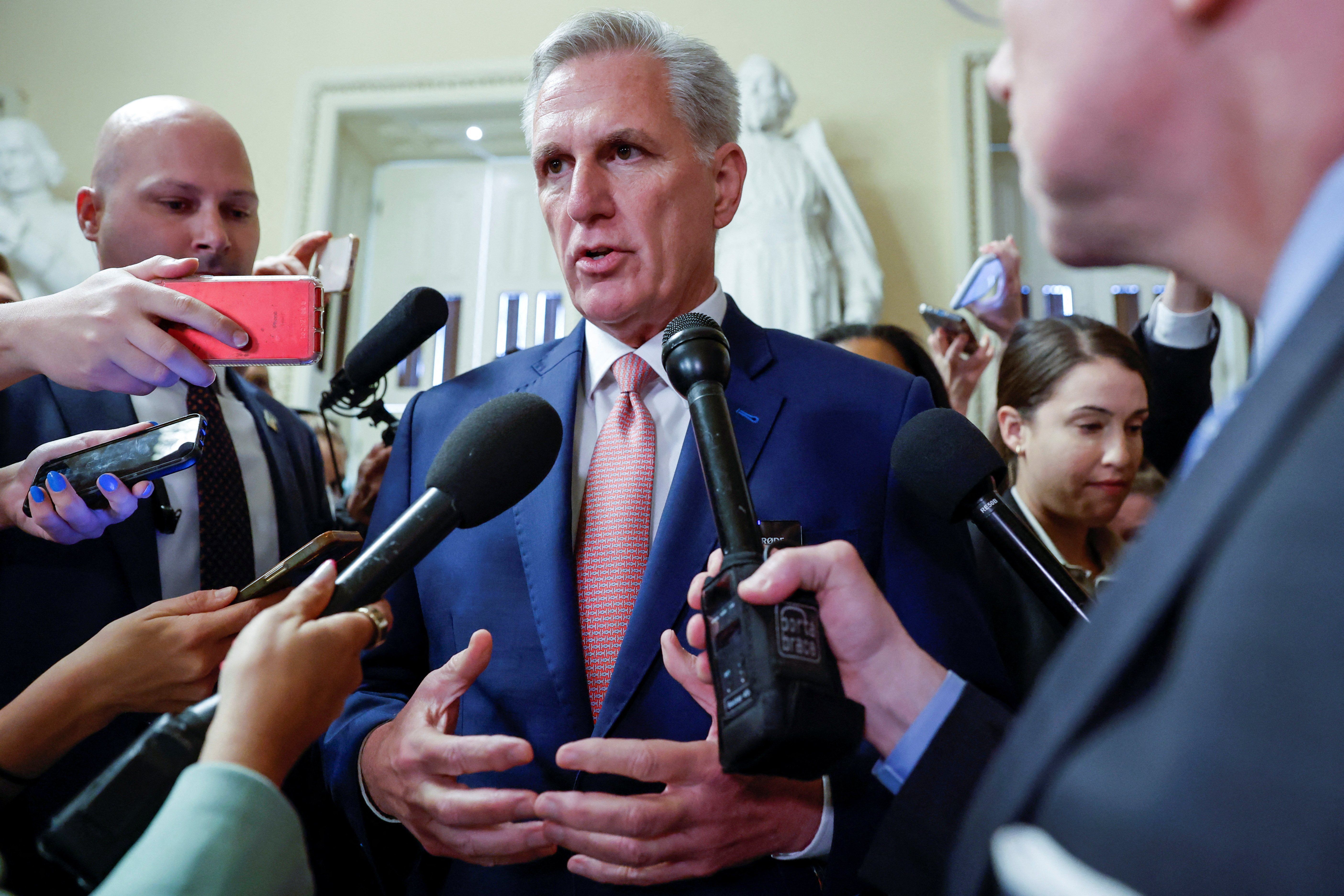 U.S. House Speaker McCarthy talks to reporters at the U.S. Capitol in Washington.