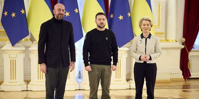 Ukraine's President Volodymyr Zelenskiy, European Commission President Ursula von der Leyen, and European Council President Charles Michel pose for a picture during a European Union summit back in February.