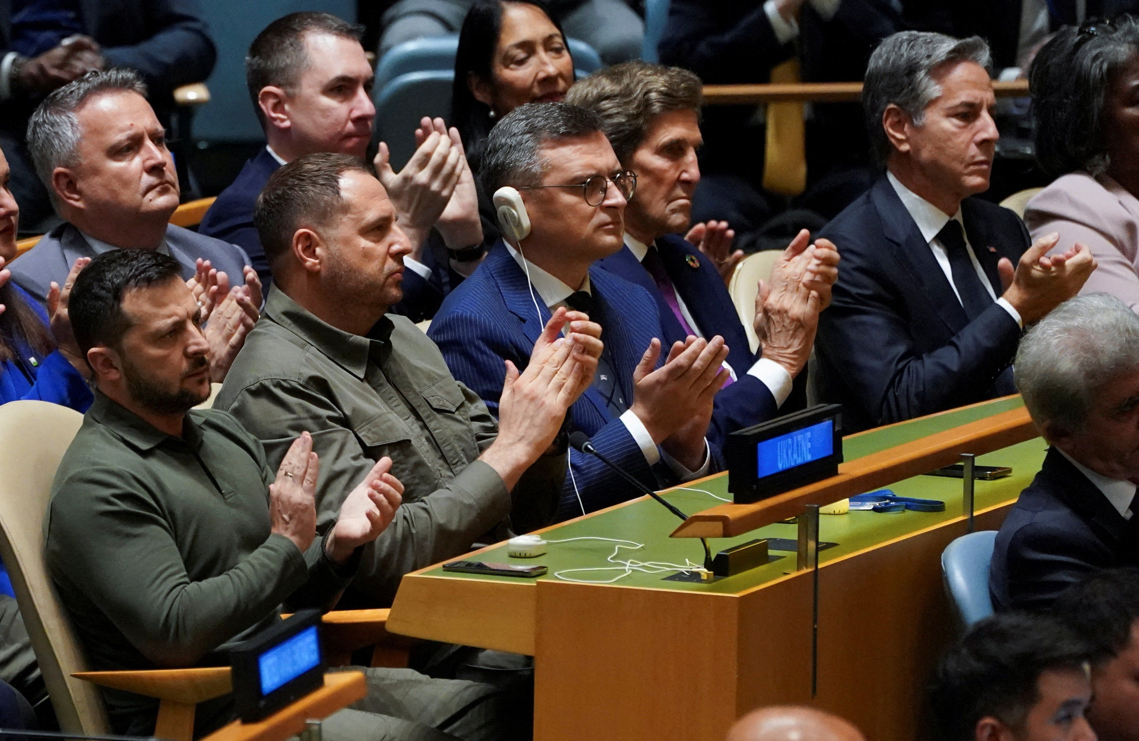 Ukraine's President Volodymyr Zelensky applauds U.S. President Joe Biden during the 78th Session of the U.N. General Assembly. 