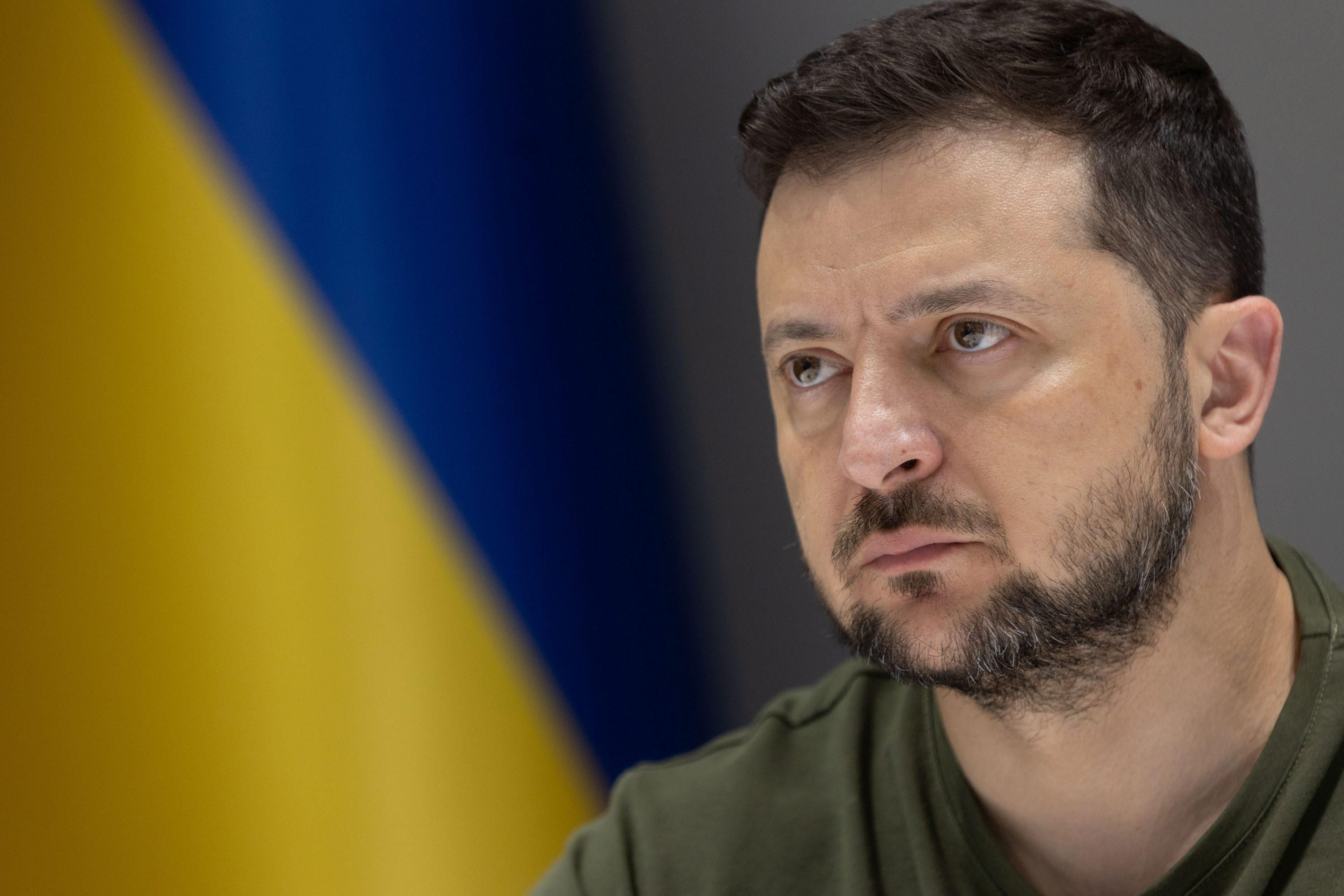 Ukrainian President Volodymyr Zelensky addresses via video link the 26th Annual Economist Government Roundtable in Lagonisi, Greece.