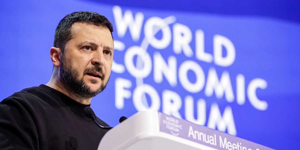 Ukrainian President Volodymyr Zelensky gives a speech at the World Economic Forum.