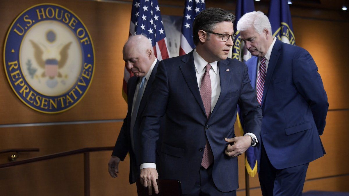 ​US House Speaker Mike Johnson is speaking about the DHS deal and the plan to avert a shutdown during a press conference in Washington DC, USA, on March 20, 2024. 