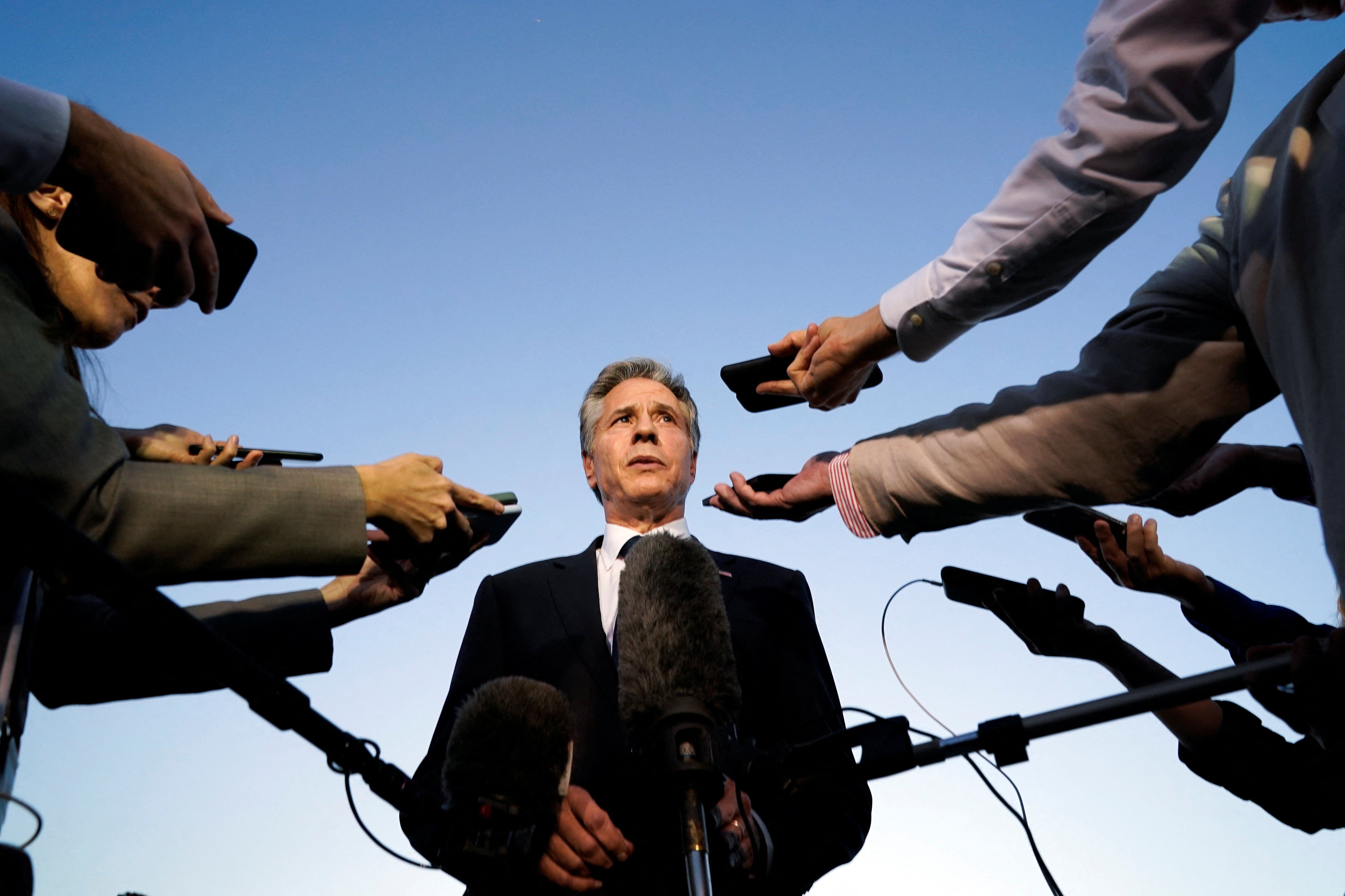 ​US Secretary of State Antony Blinken speaks to members of the media before leaving Cairo, Egypt, on Sunday. 