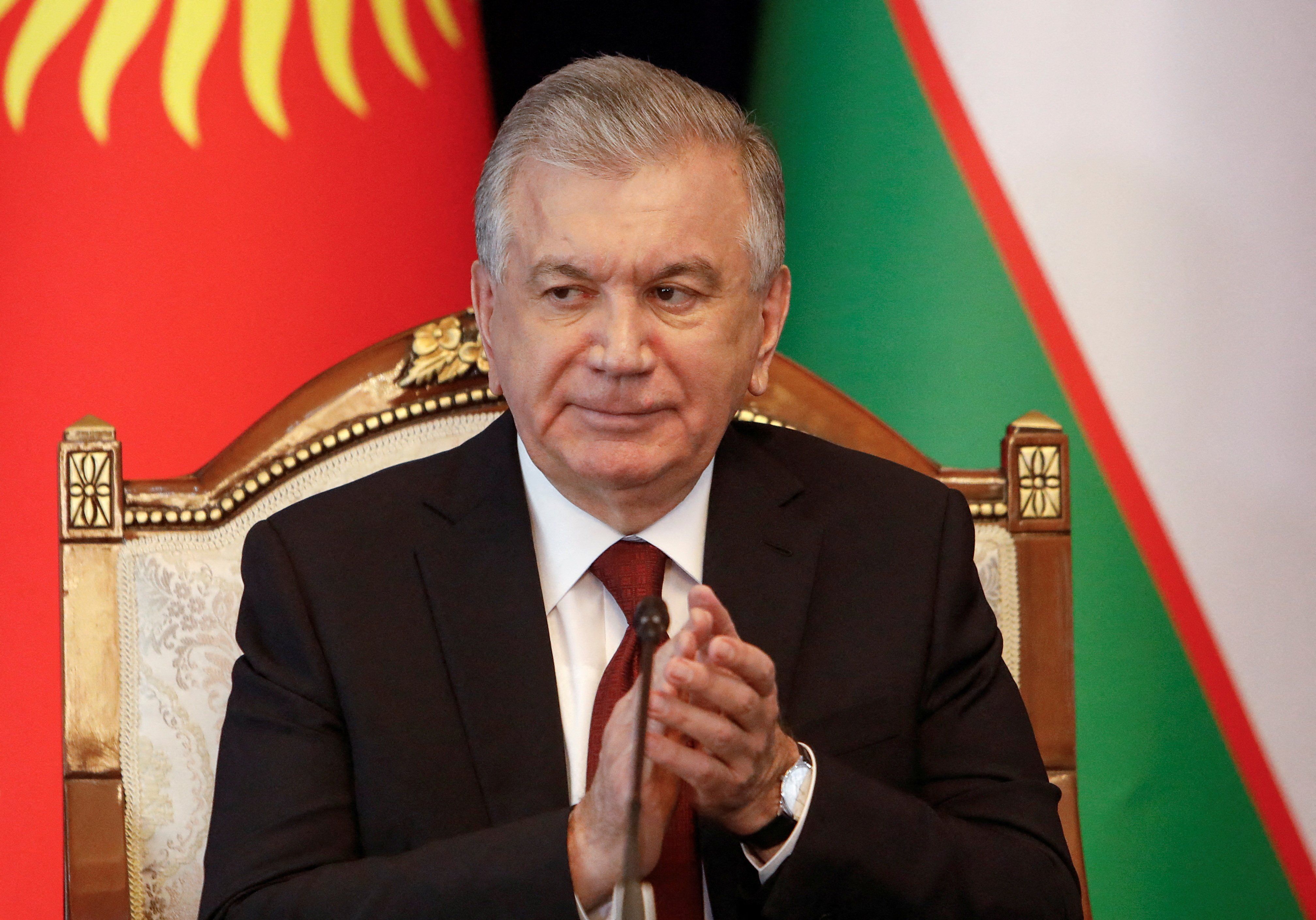 Uzbek President Shavkat Mirziyoyev during a meeting Kyrgyz President Sadyr Japarov in Bishkek, Kyrgyzstan. 