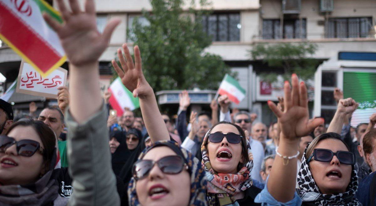 ​Young Iranian female protesters shout anti-U.S. and anti-Israeli slogans while participating in a protest to condemn the U.S. attacks on Iran's nuclear facilities in downtown Tehran, Iran, on June 22, 2025, amid the Iran-Israel war.
