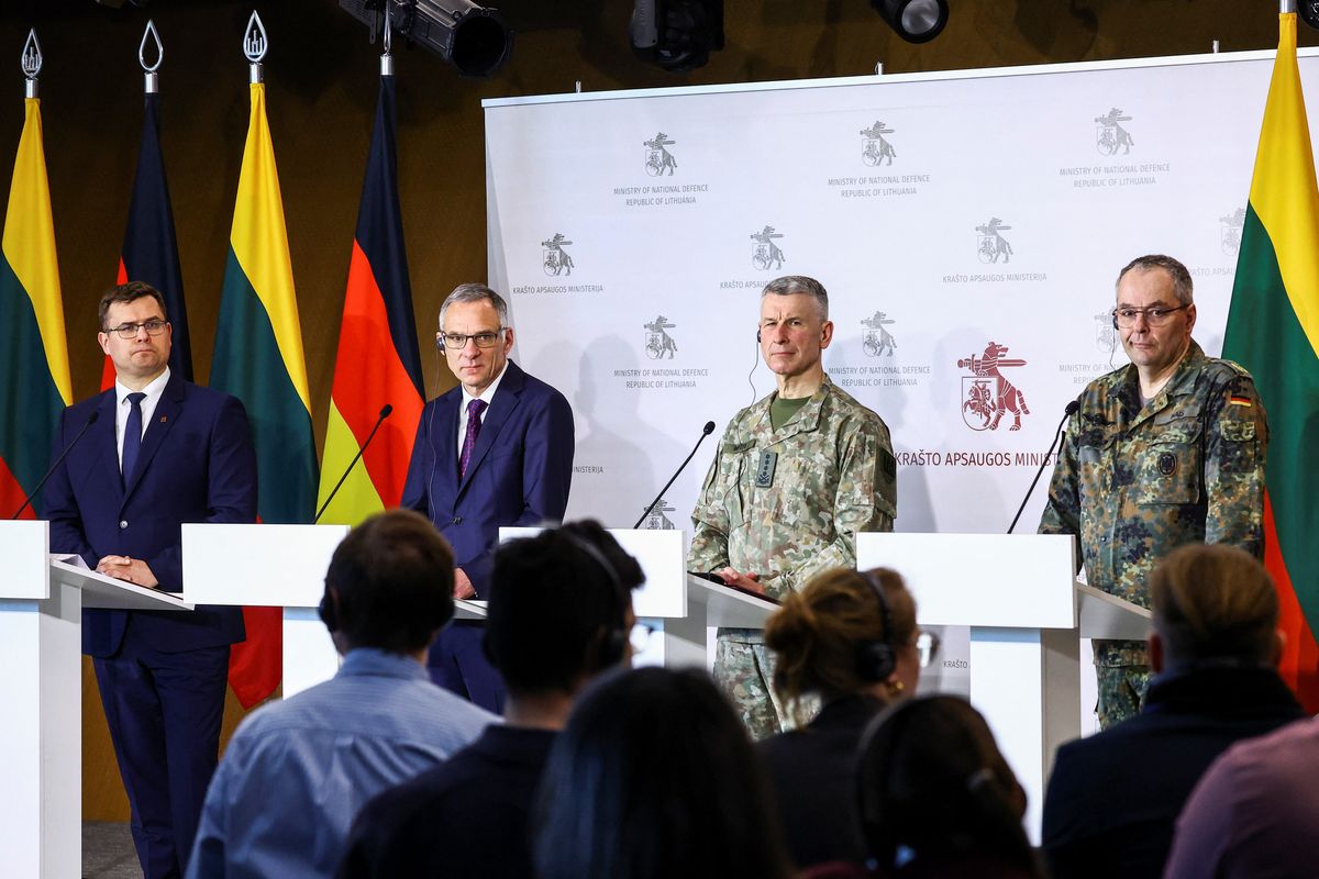 ​Lithuanian Defence Minister Laurynas Kasciunas, German Ambassador to Lithuania, Cornelius Zimmermann, Chief of the Lithuanian Armed Forces Valdemaras Rupsys and Chief of the German Army Lieutenant-General Alfons Mais attend a press conference in Vilnius, Lithuania, April 8, 2024.