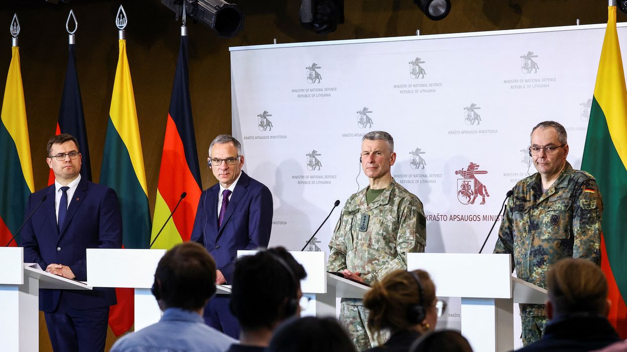 Lithuanian Defence Minister Laurynas Kasciunas, German Ambassador to Lithuania, Cornelius Zimmermann, Chief of the Lithuanian Armed Forces Valdemaras Rupsys and Chief of the German Army Lieutenant-General Alfons Mais attend a press conference in Vilnius, Lithuania, April 8, 2024.