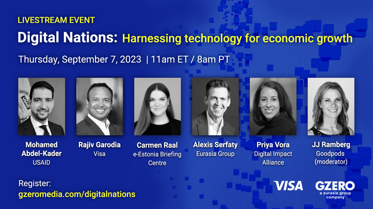 Livestream even: Digital Nations: Harnessing technology for economic growth.  Thursday, September 7, 2023 | 11am ET / 8am PT |Images of the panelists. 