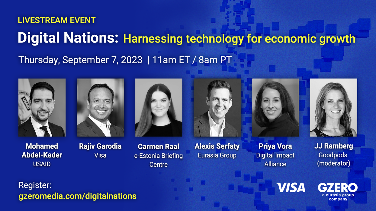 Livestream even: Digital Nations: Harnessing technology for economic growth. Thursday, September 7, 2023 | 11am ET / 8am PT |Images of the panelists.