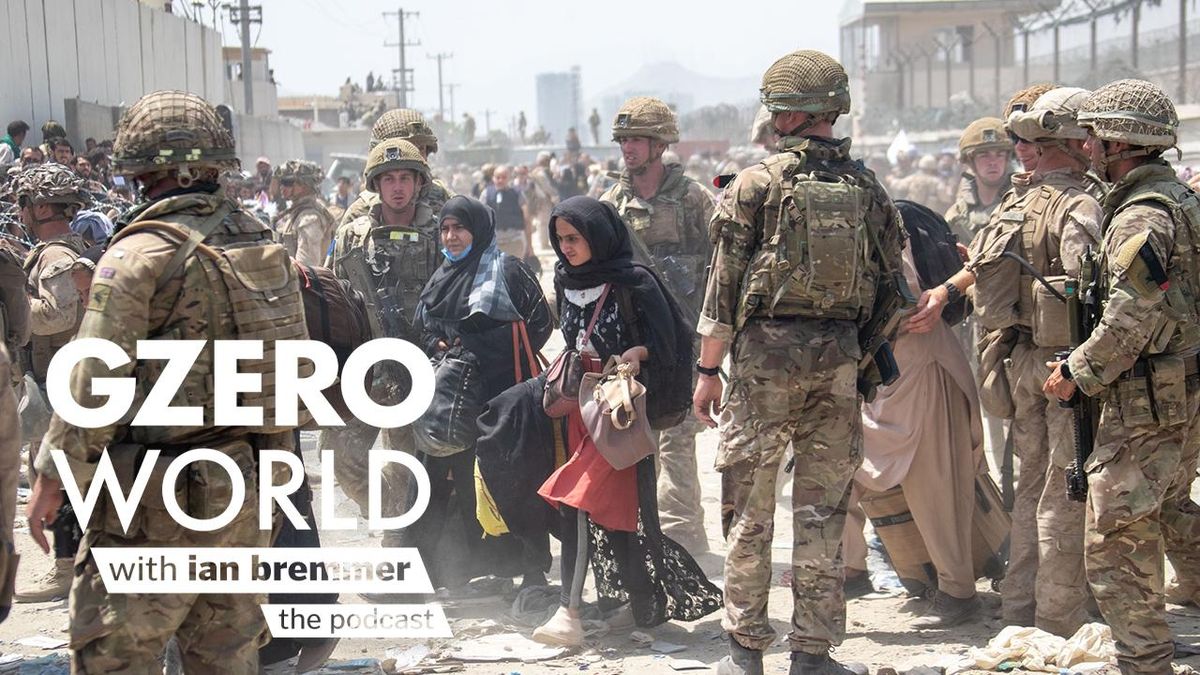 logo: GZERO World with Ian Bremmer (the podcast), overlaid on an image of US military in Afghanistan