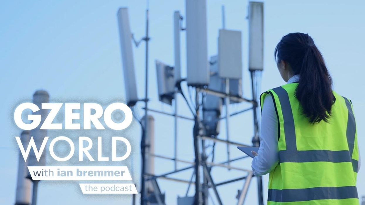 logo: GZERO World with Ian Bremmer (the podcast), overlaid on image of woman engaged in cyber technology.