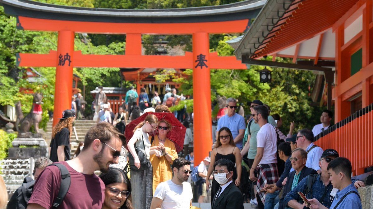 Lots of foreign traveler are seen at Fushimi Inari-taisha Shrine in Kyoto City, Kyoto Prefecture on April 20, 2023. The number of tourists coming to Japan is increasing as the pandemic of new coronavirus COVID-19 has calmed down.