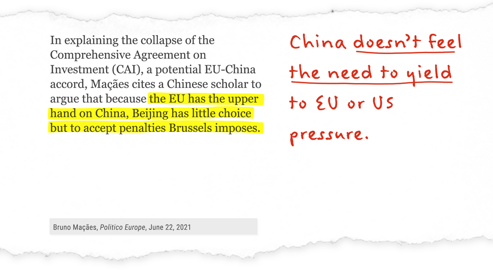 "...Macaes cites a Chinese scholar to argue that because the EU has the upper hand on China, Beijing has little choice but to accept penalities Brussels imposes."