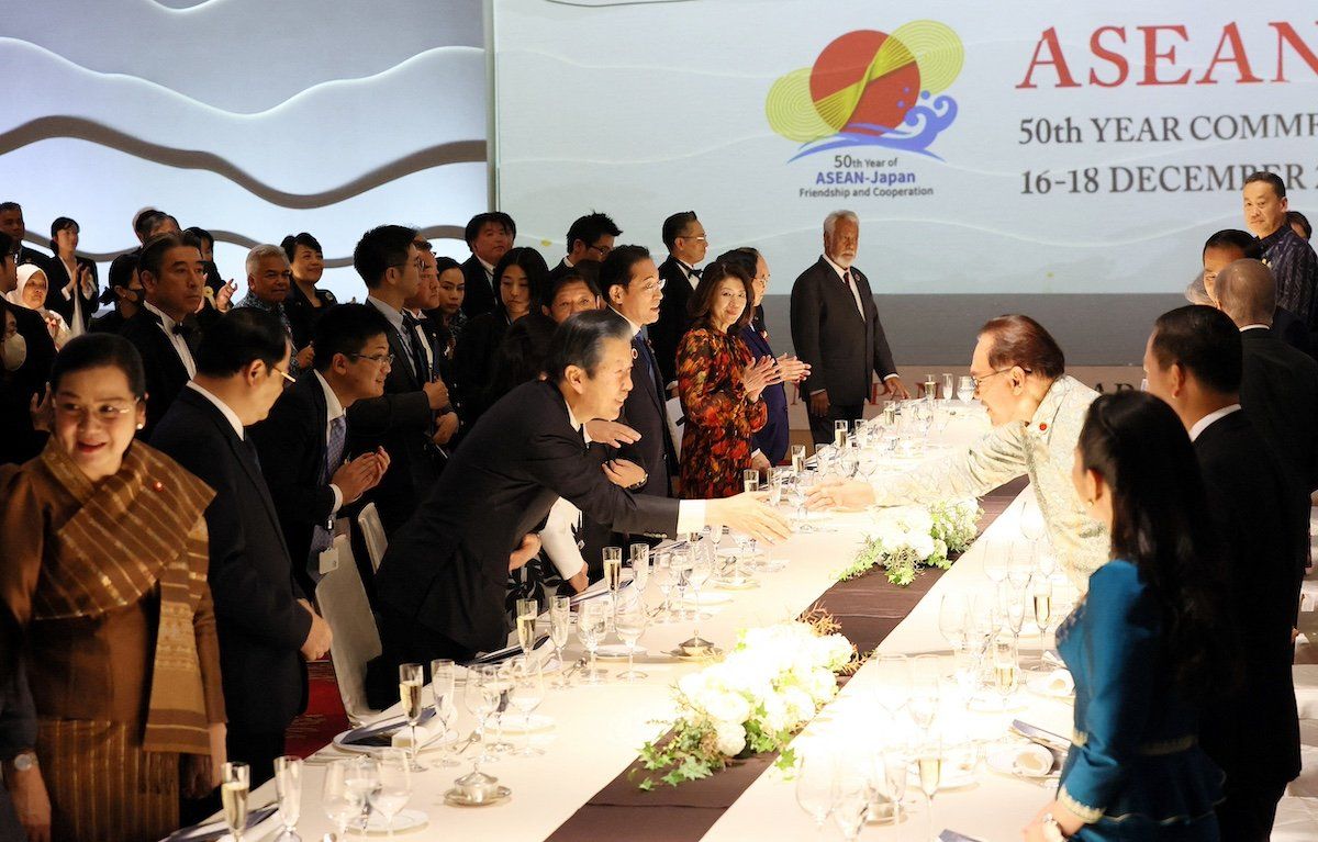 Malaysian Prime Minister Anwar bin Ibrahim shakes hands with Natsuo Yamaguchi, leader of the ruling Komeito party at the gala dinner for the 50th anniversary event between ASEAN and Japan in Tokyo, Japan on December 17, 2023.