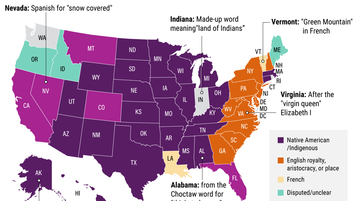 map of the United States showing the origin of state names, with many rooted in the language of Native Americans