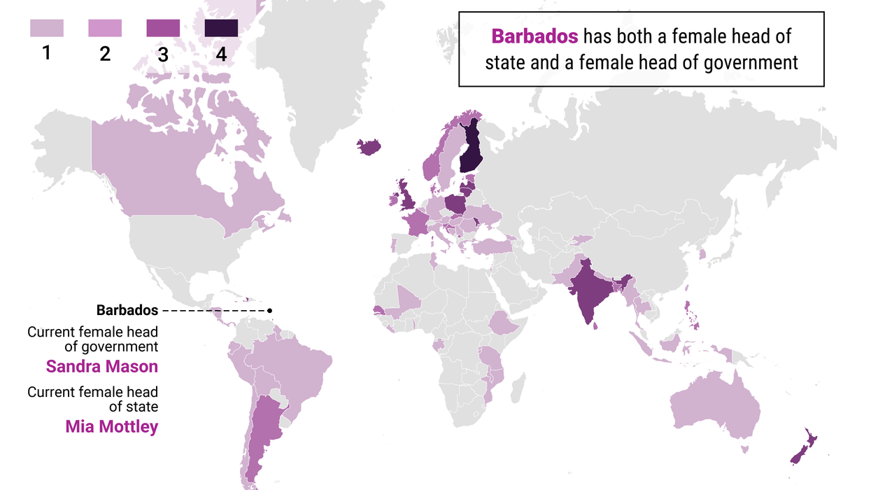 Map of the world color coded based on the amount of female leaders they have had.