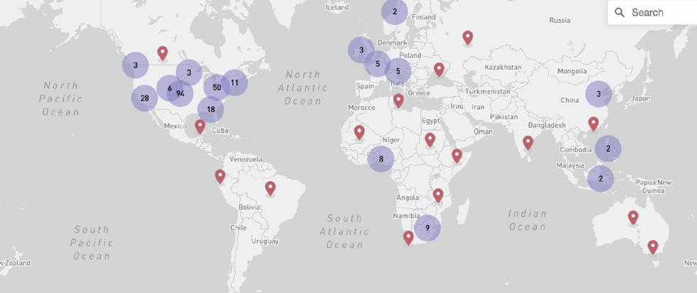 Map of the world showing location points where bots were detected in the Trump Trial social media analysis