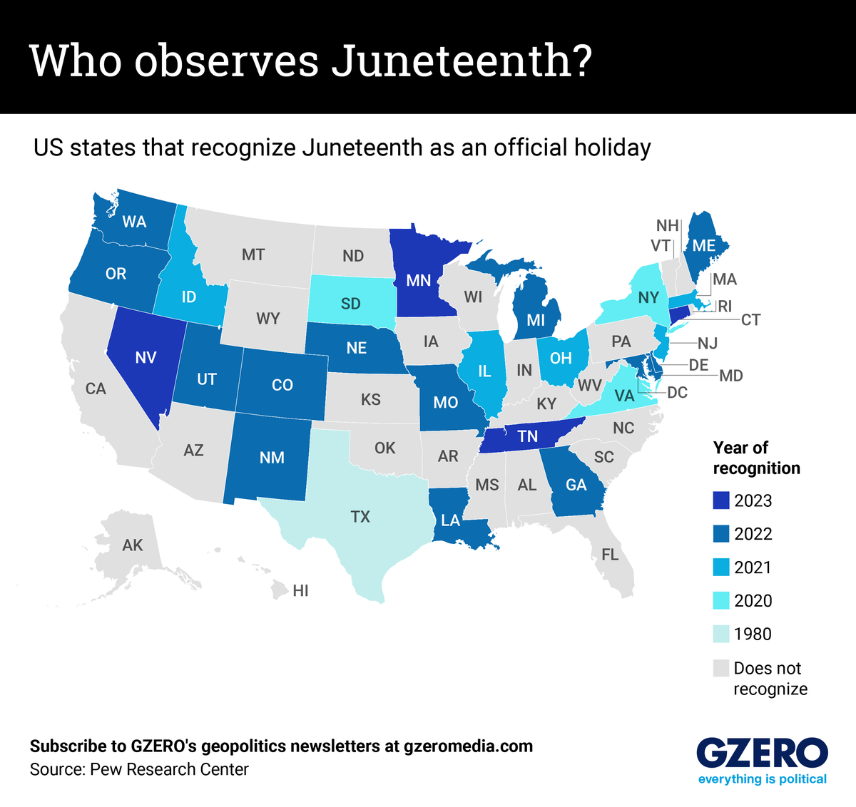 Map of US states that recognize Juneteenth as a state holiday
